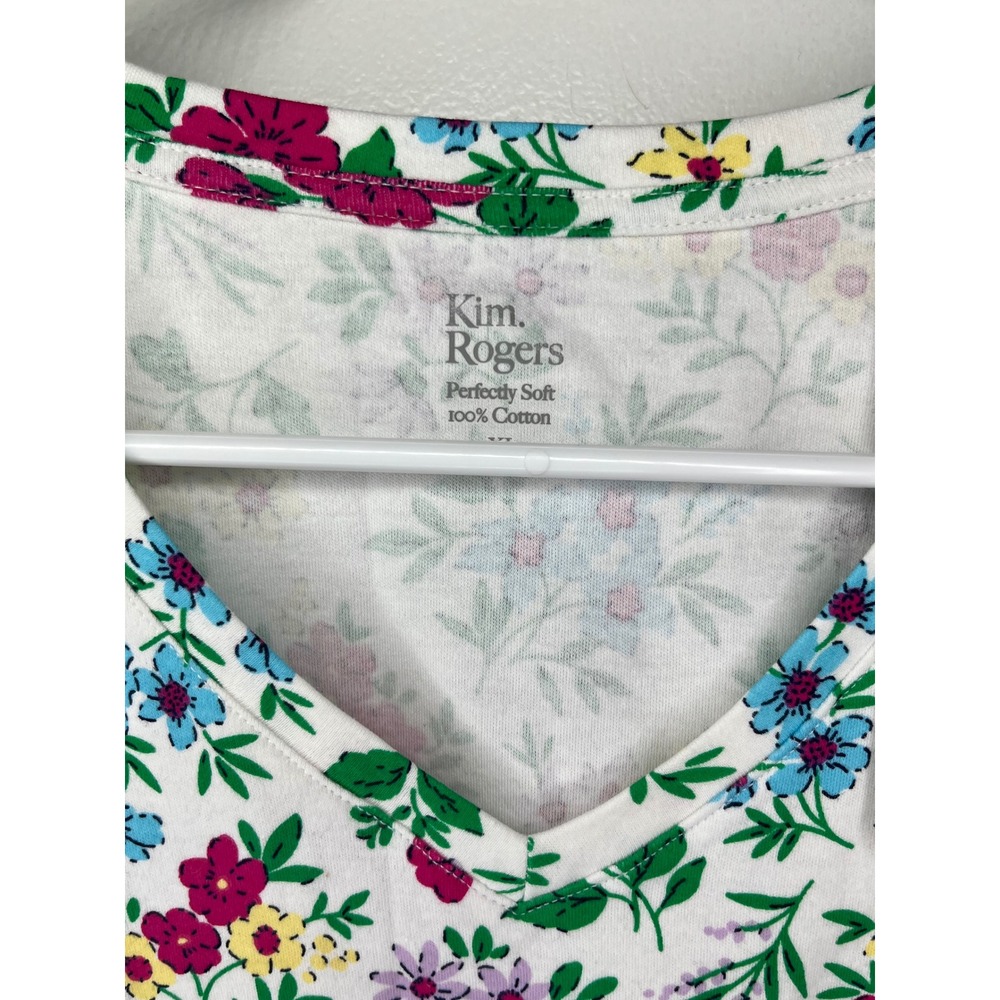 Kim Rogers White Floral Blooms multicolor V Neck Short Sleeve T Shirt XL‎ - Picture 3 of 4